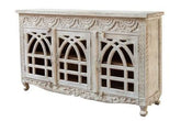 Antique Indian Jali Hand Carved Solid Wooden Sideboard Whitewash 148x40x89cm A0257